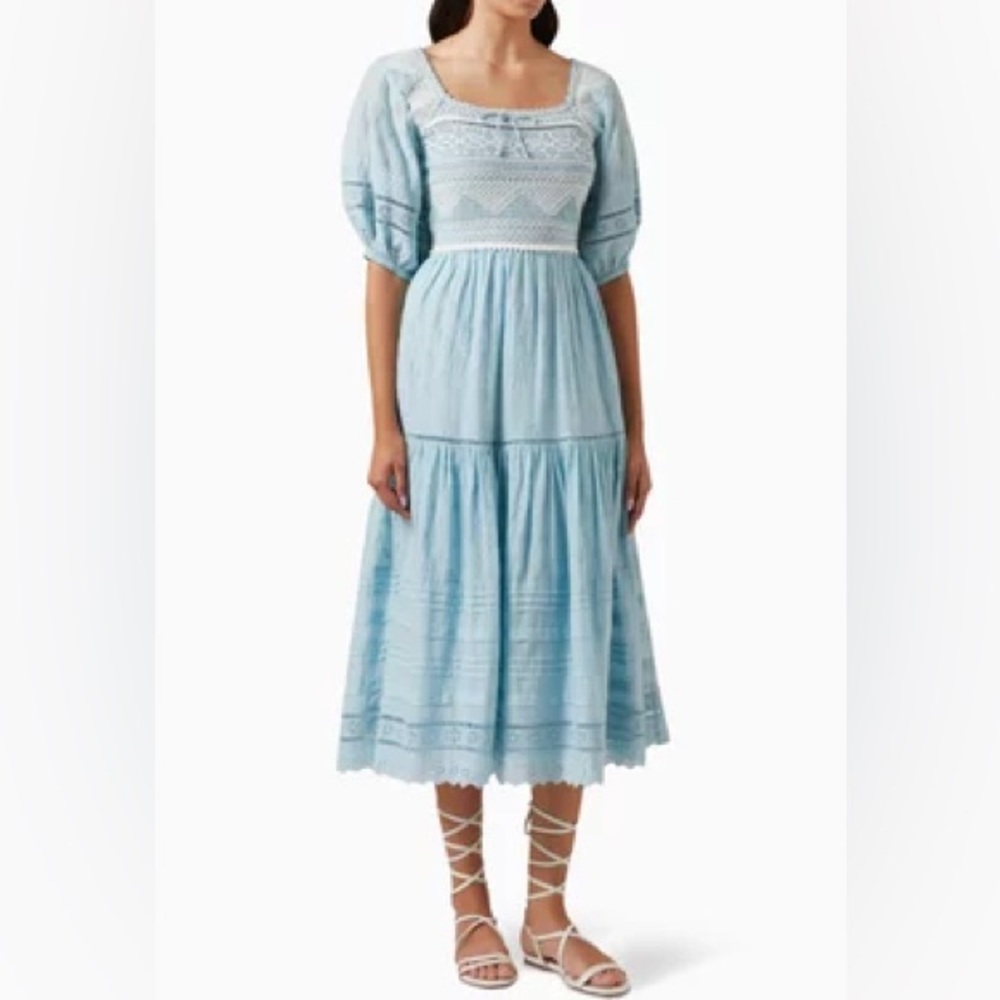 SEA NEW YORK Blue Olga Smocked Puff Sleeve Dress size M Medium NWT Blue White